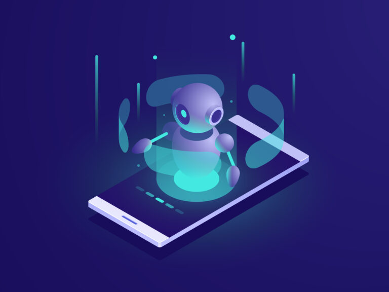 Artificial Intelligence, isometric ai robot on mobile phone screen, chatbot app vector neon